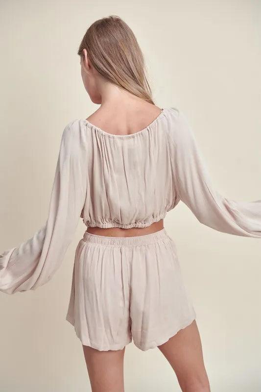 MABLE Gauze Long Sleeve Button Crop Top and Short Set - Leo’s Look Your Best