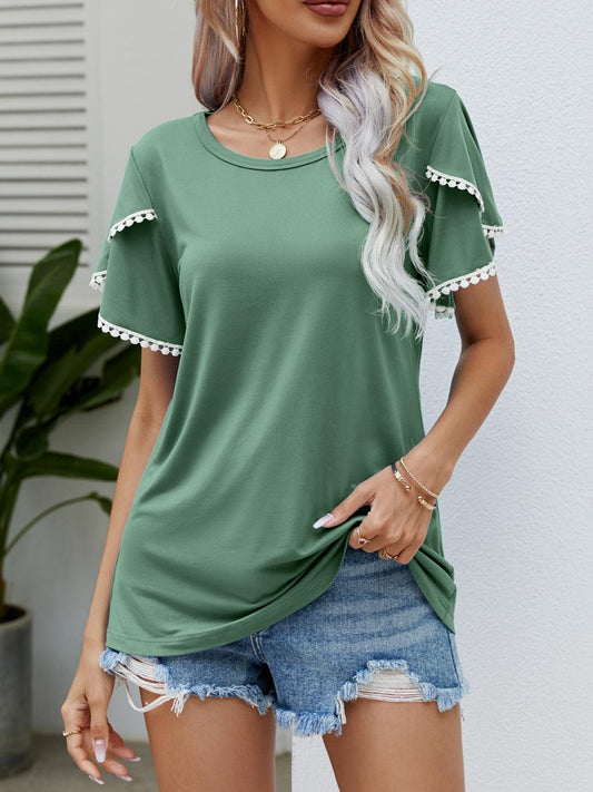 Pom-Pom Trim Flutter Sleeve Round Neck T-Shirt - Leo’s Look Your Best
