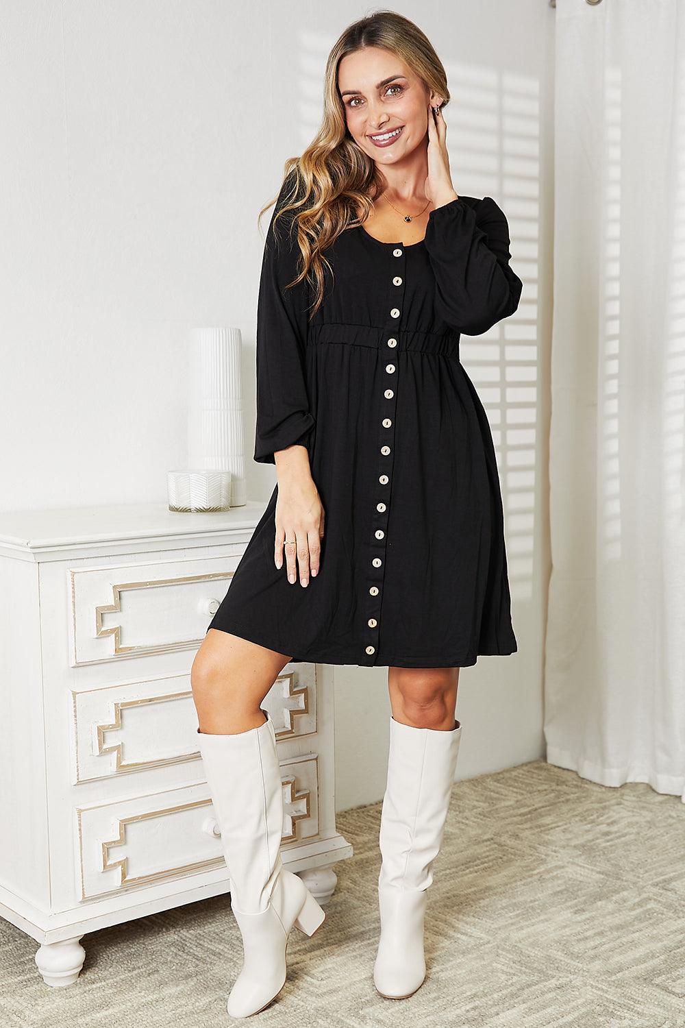Double Take Scoop Neck Empire Waist Long Sleeve Magic Dress - Leo’s Look Your Best