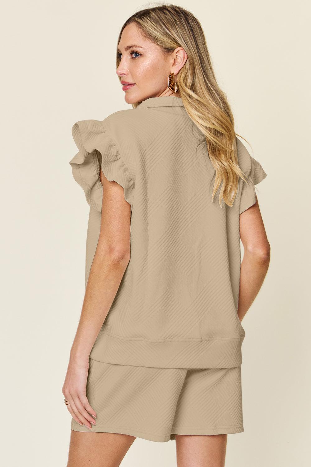 Double Take Full Size Texture Flounce Sleeve Top and Drawstring Shorts Set - Leo’s Look Your Best