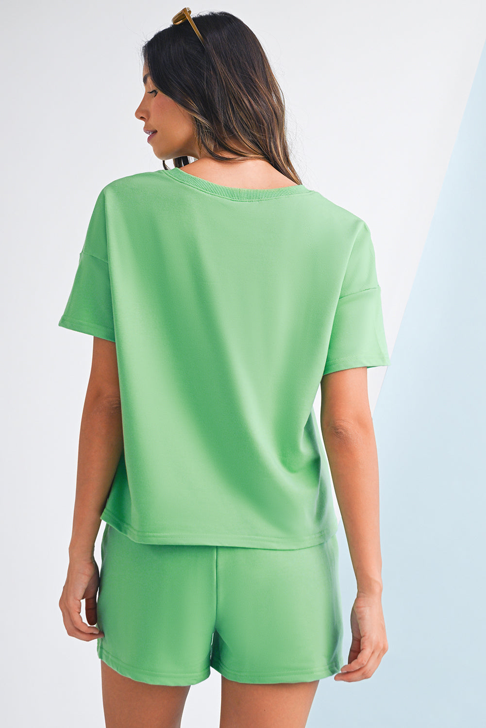 Bonbon V Neck Drop Shoulder Tee and Patchwork Shorts Set