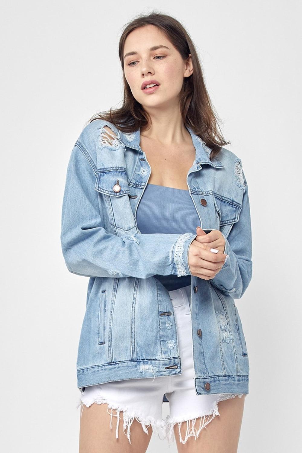 RISEN Full Size Distressed Long Sleeve Denim Jacket Plus Size - Leo’s Look Your Best