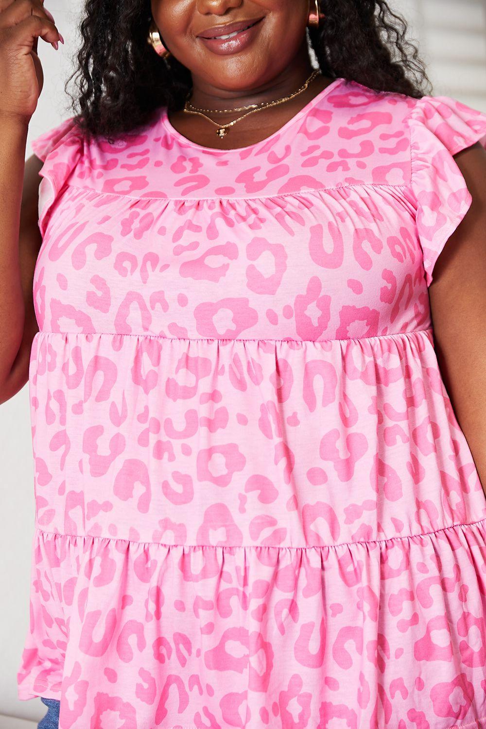 Double Take Leopard Round Neck Tiered Blouse - Leo’s Look Your Best
