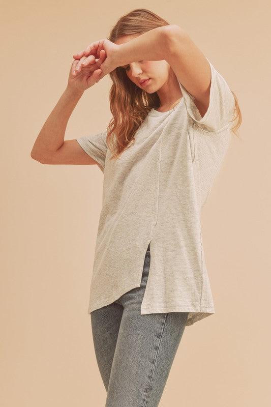 Aemi + Co Asymmetrical Front Slit Round Neck Raglan Sleeve T-Shirt - Leo’s Look Your Best