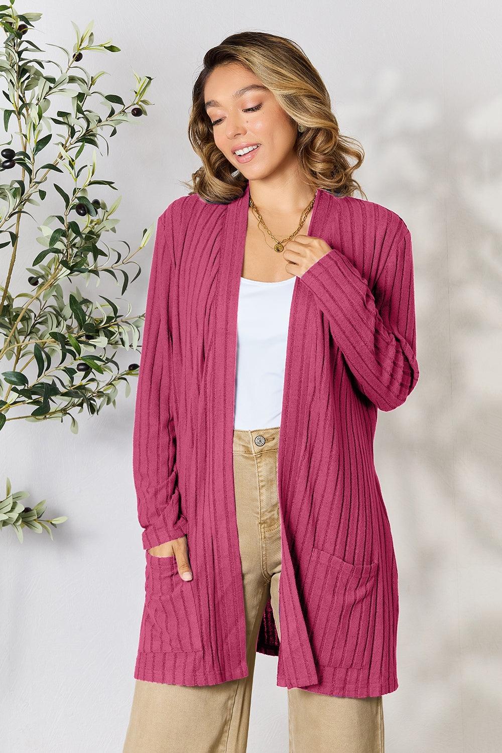 Basic Bae Full Size Ribbed Open Front Cardigan with Pockets - Leo’s Look Your Best