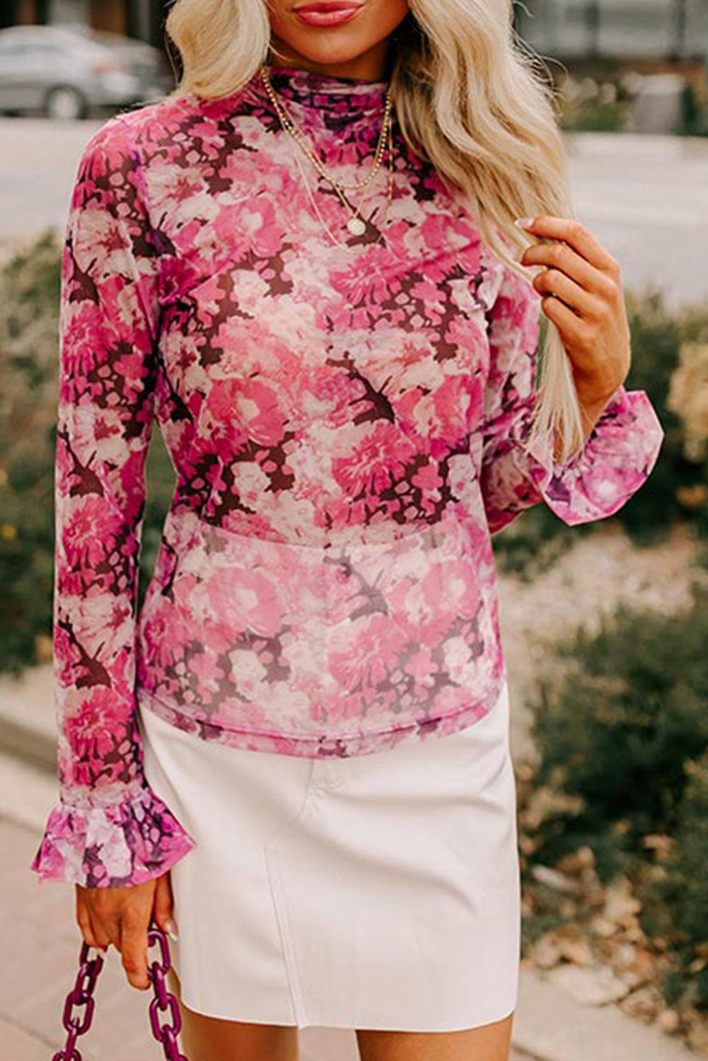 Rose Allover Floral Print Mesh Top - Leo’s Look Your Best