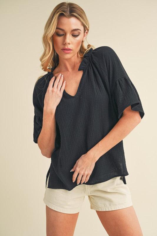 Aemi + Co Side Slit Notched Ruffled Half Sleeve Blouse - Leo’s Look Your Best