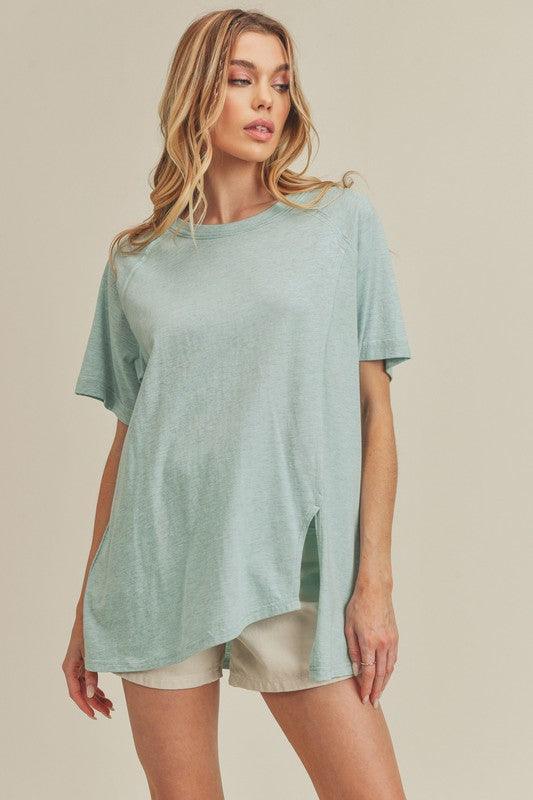 Aemi + Co Asymmetrical Front Slit Round Neck Raglan Sleeve T-Shirt - Leo’s Look Your Best