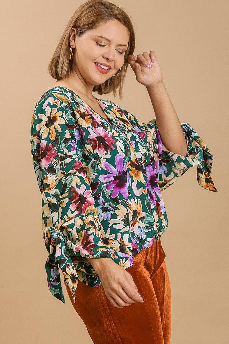 Umgee Full Size Floral V-Neck Tie Sleeve Blouse Plus Size - Leo’s Look Your Best