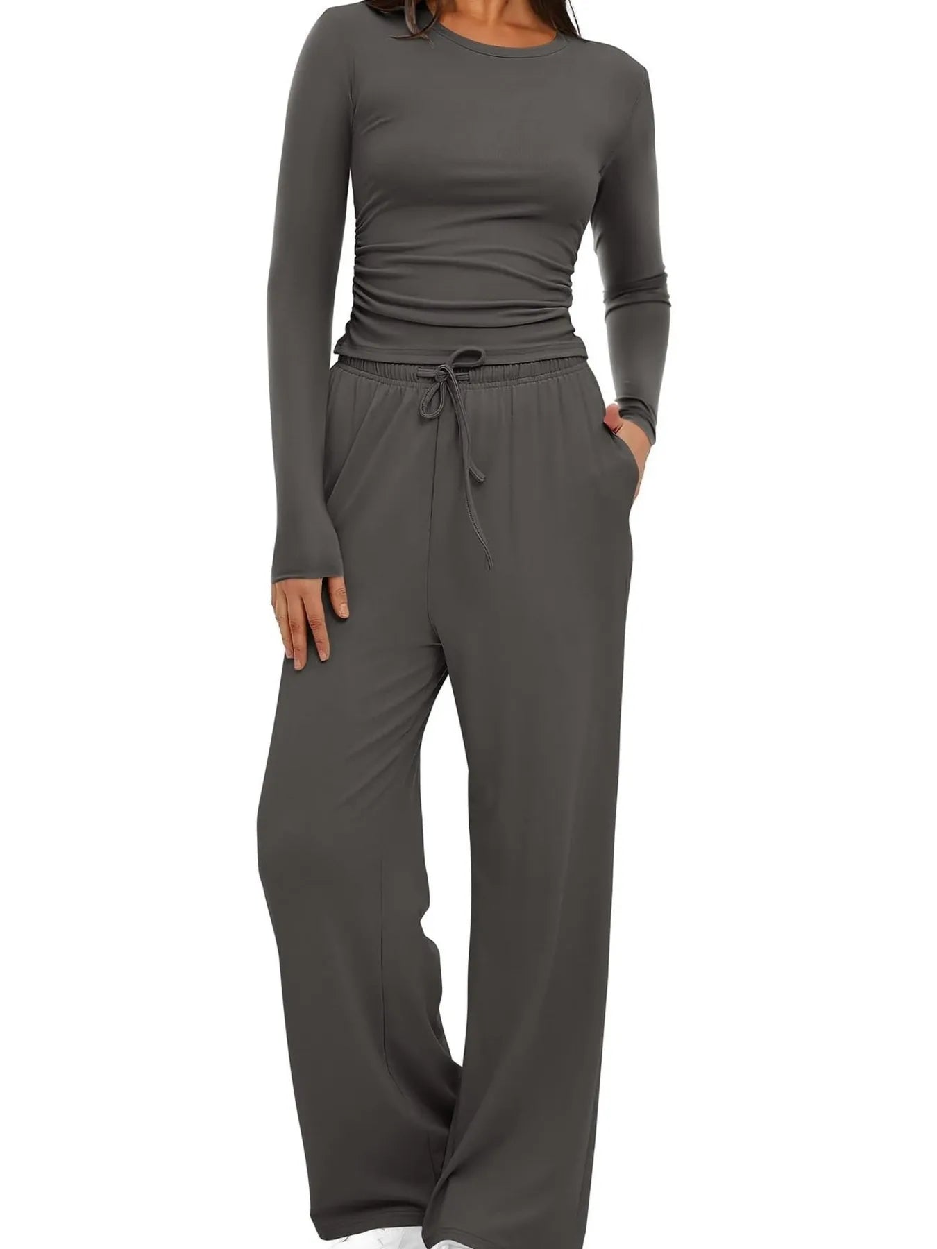 Gray long-sleeve top and wide-leg pants set on a white background