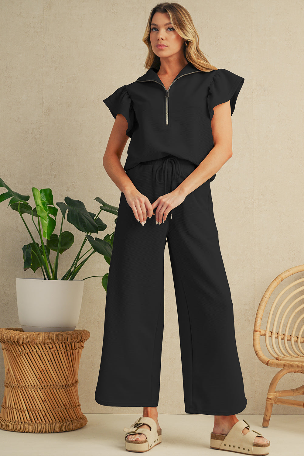 Apricot Textured Ruffle Sleeve Zipped Top and Wide Leg Pants Set