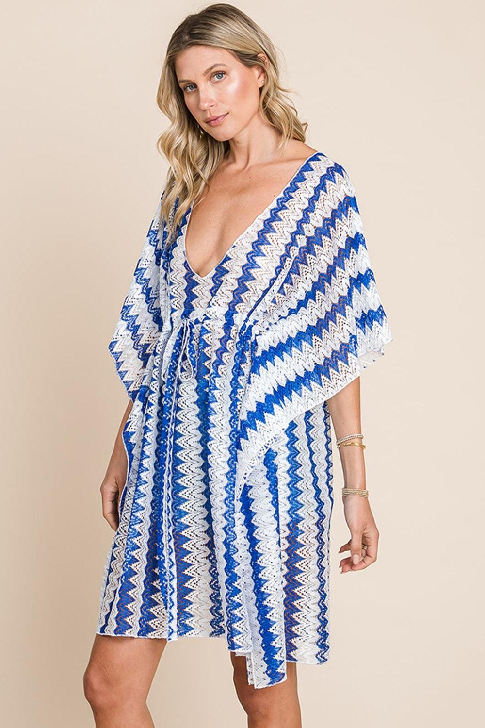 Cotton Bleu by Nu Lab Tied Striped Plunge Half Sleeve Cover-Up - Leo’s Look Your Best