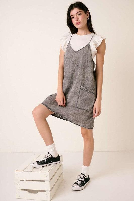 Mittoshop Washed Patch Pocket Mini Cami Denim Dress - Leo’s Look Your Best