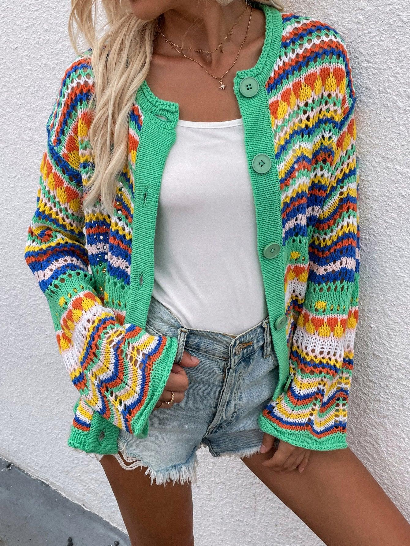 Chevron Stripes Openwork Cardigan - Leo’s Look Your Best