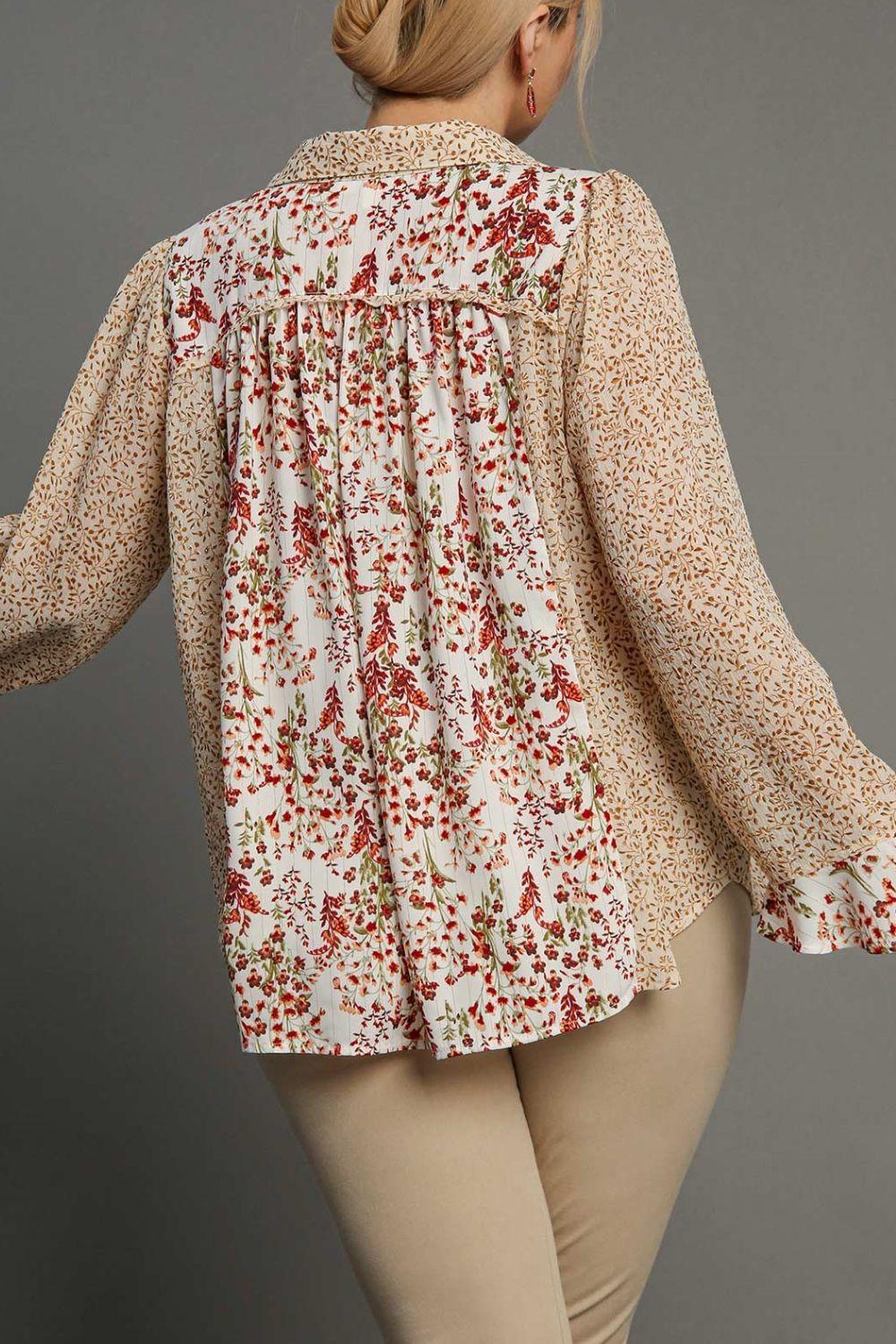 Umgee Full Size Mixed Print Metallic Detail Long Ruffle Sleeve Button Down Shirt Plus Size - Leo’s Look Your Best