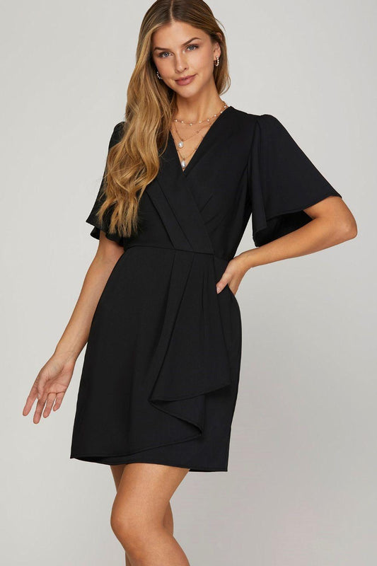 She + Sky Ruffled Surplice Short Flutter Sleeve Mini Dress - Leo’s Look Your Best