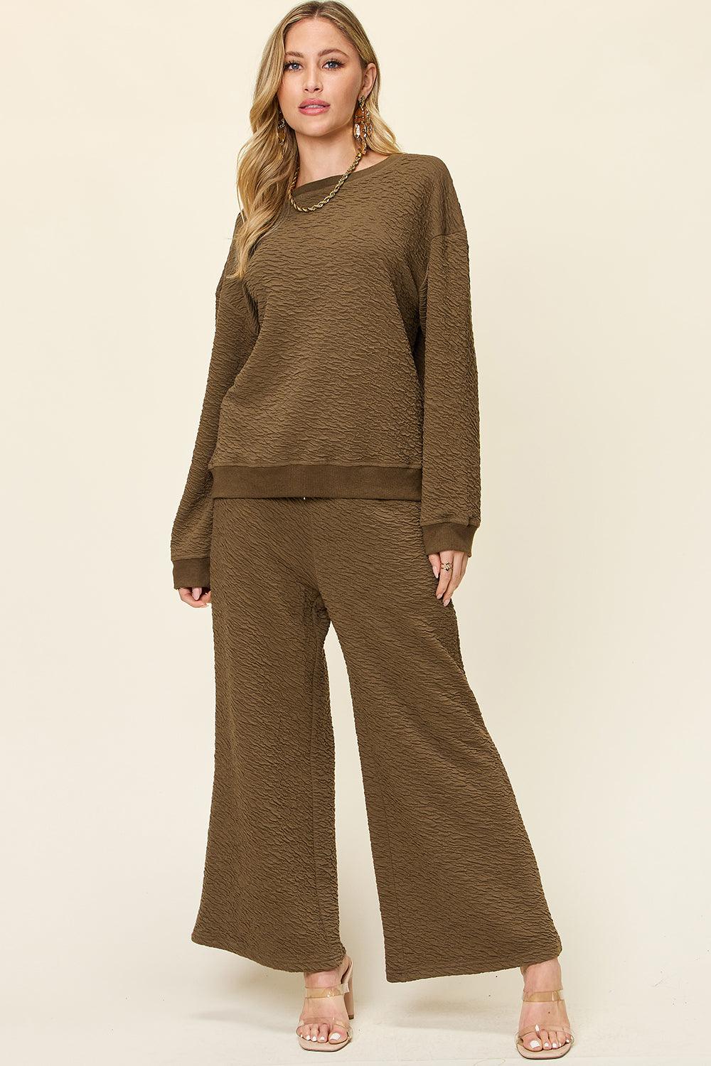 Double Take Full Size Texture Long Sleeve Top and Pants Set - Leo’s Look Your Best