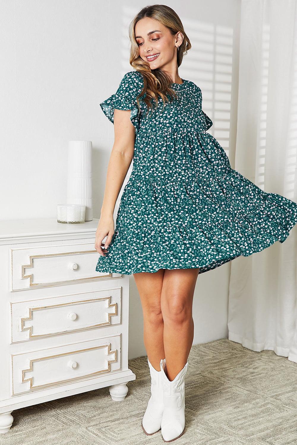 Double Take Short Flounce Sleeve Tiered Dress - Leo’s Look Your Best