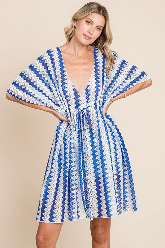 Cotton Bleu by Nu Lab Tied Striped Plunge Half Sleeve Cover-Up - Leo’s Look Your Best