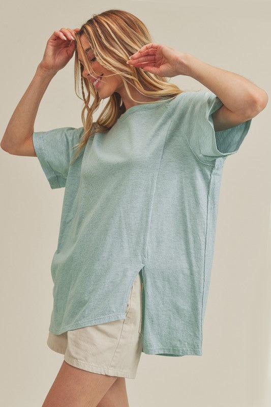 Aemi + Co Asymmetrical Front Slit Round Neck Raglan Sleeve T-Shirt - Leo’s Look Your Best