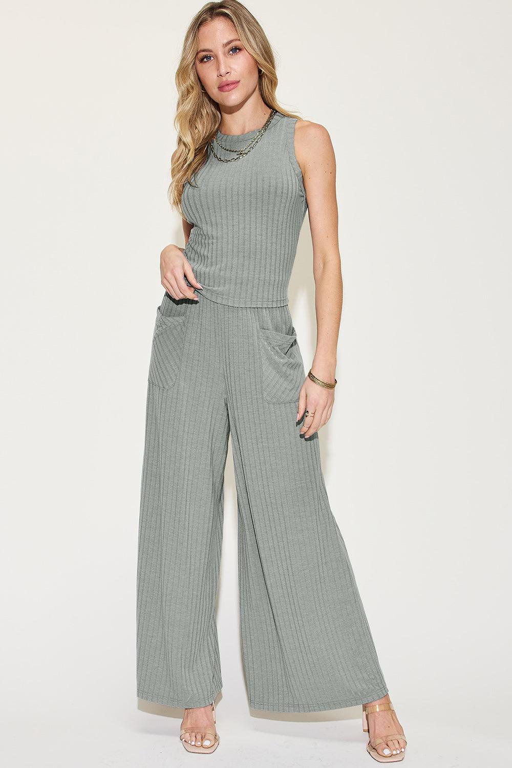 Basic Bae Full Size Ribbed Tank and Wide Leg Pants Set - Leo’s Look Your Best