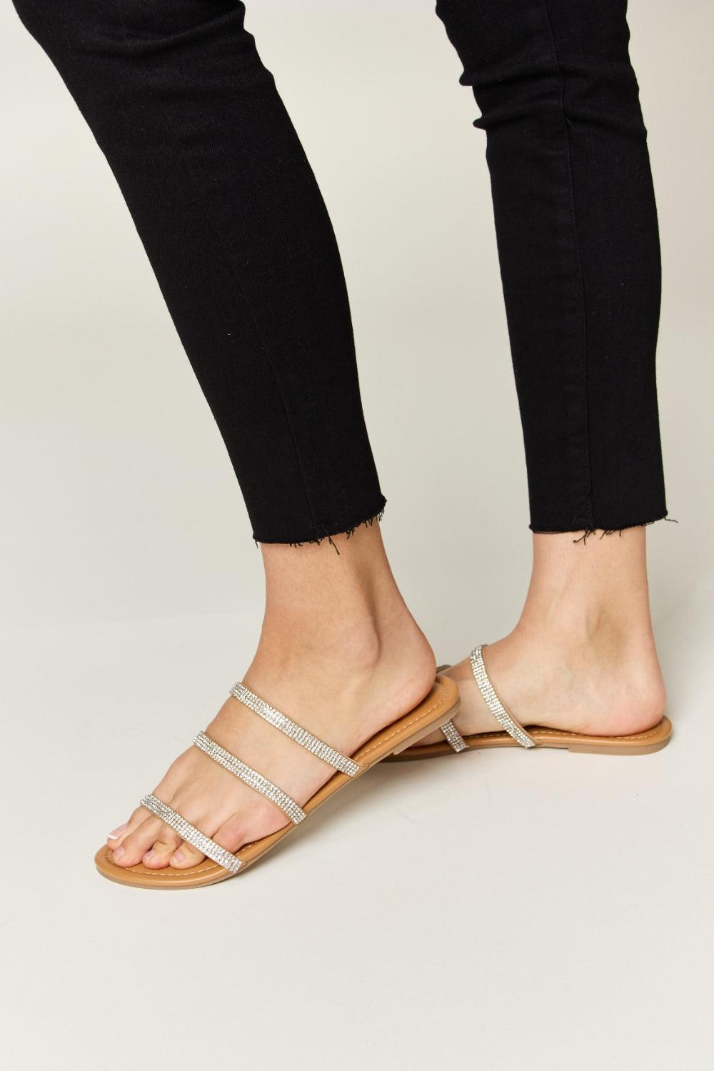 WILD DIVA Rhinestone Three-Strap Flat Sandals - Leo’s Look Your Best