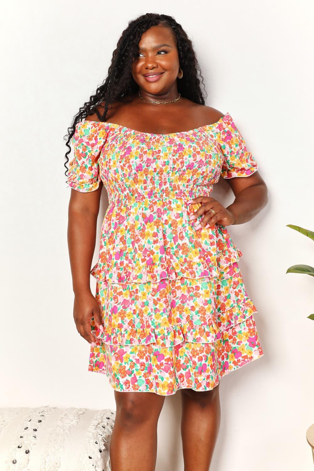 Devine Smocked Sweetheart Neck Flounce Sleeve Mini Dress - Leo’s Look Your Best