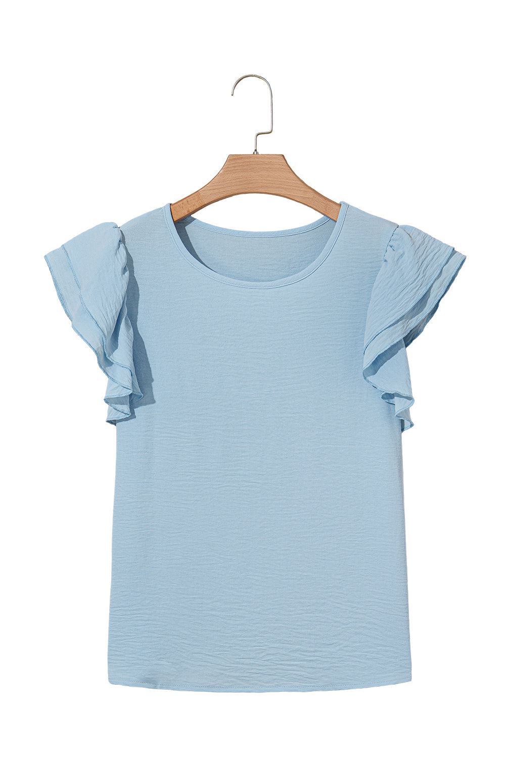 Light blue ruffled sleeve top on a wooden hanger against a white background