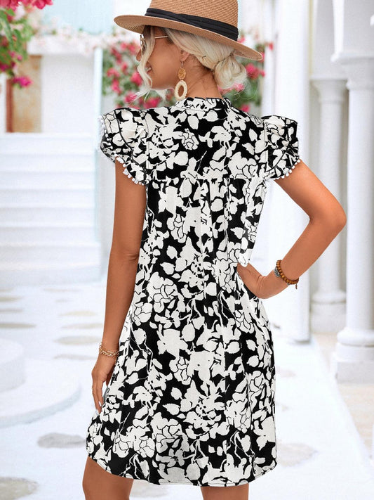 Floral Tie Neck Butterfly Sleeve Dress - Leo’s Look Your Best