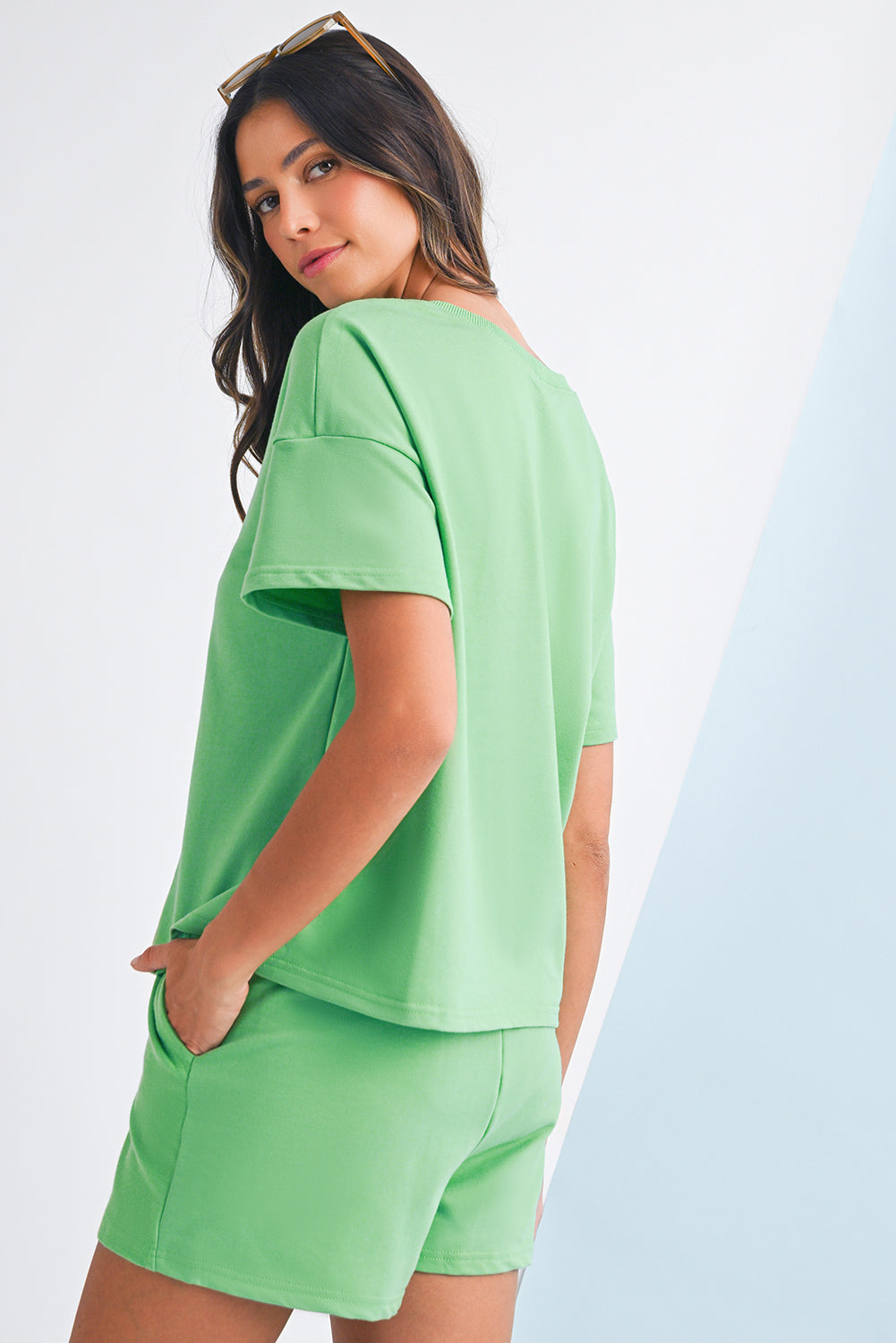 Bonbon V Neck Drop Shoulder Tee and Patchwork Shorts Set