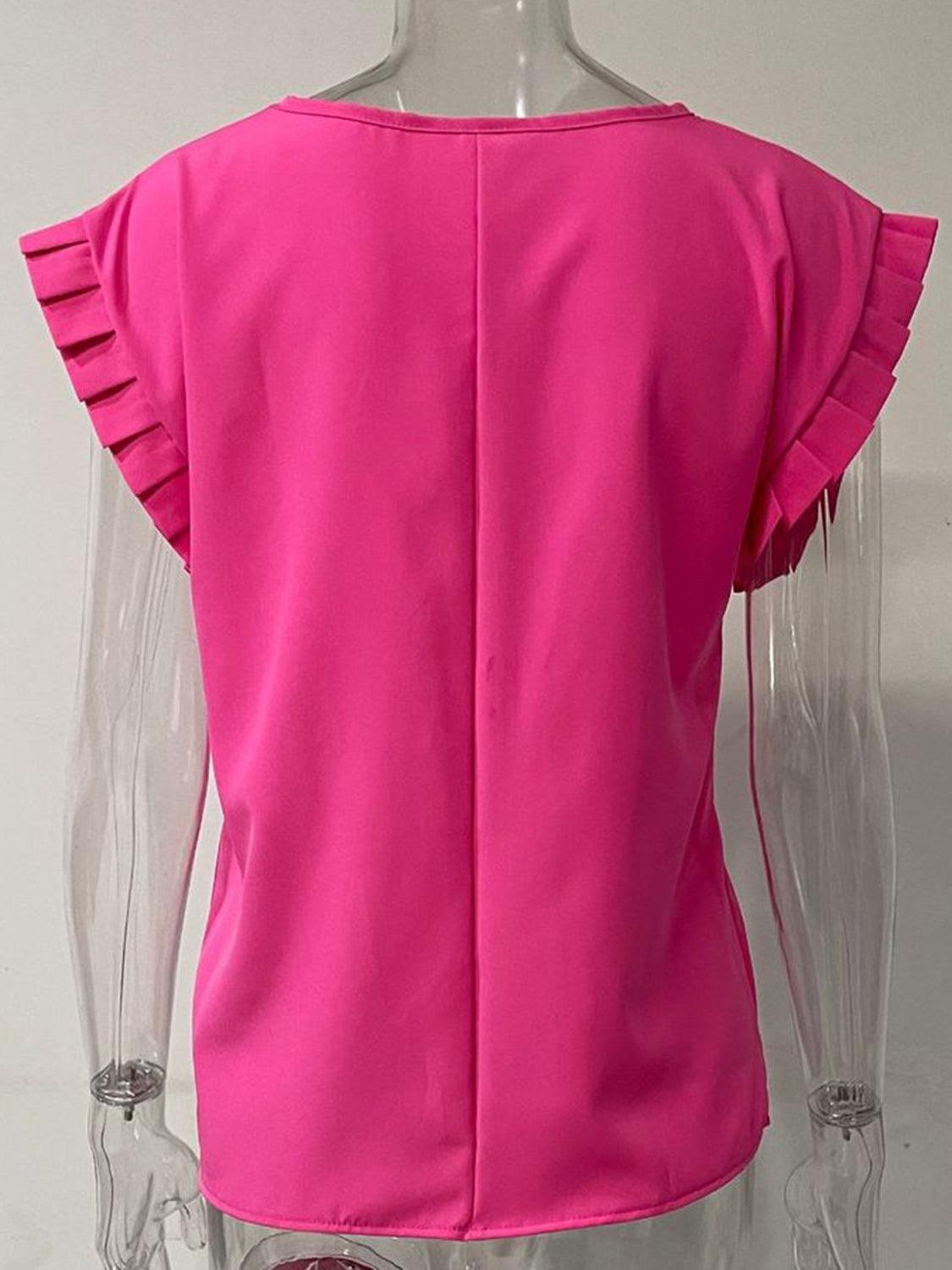 Ruffled Round Neck Cap Sleeve Blouse - Leo’s Look Your Best