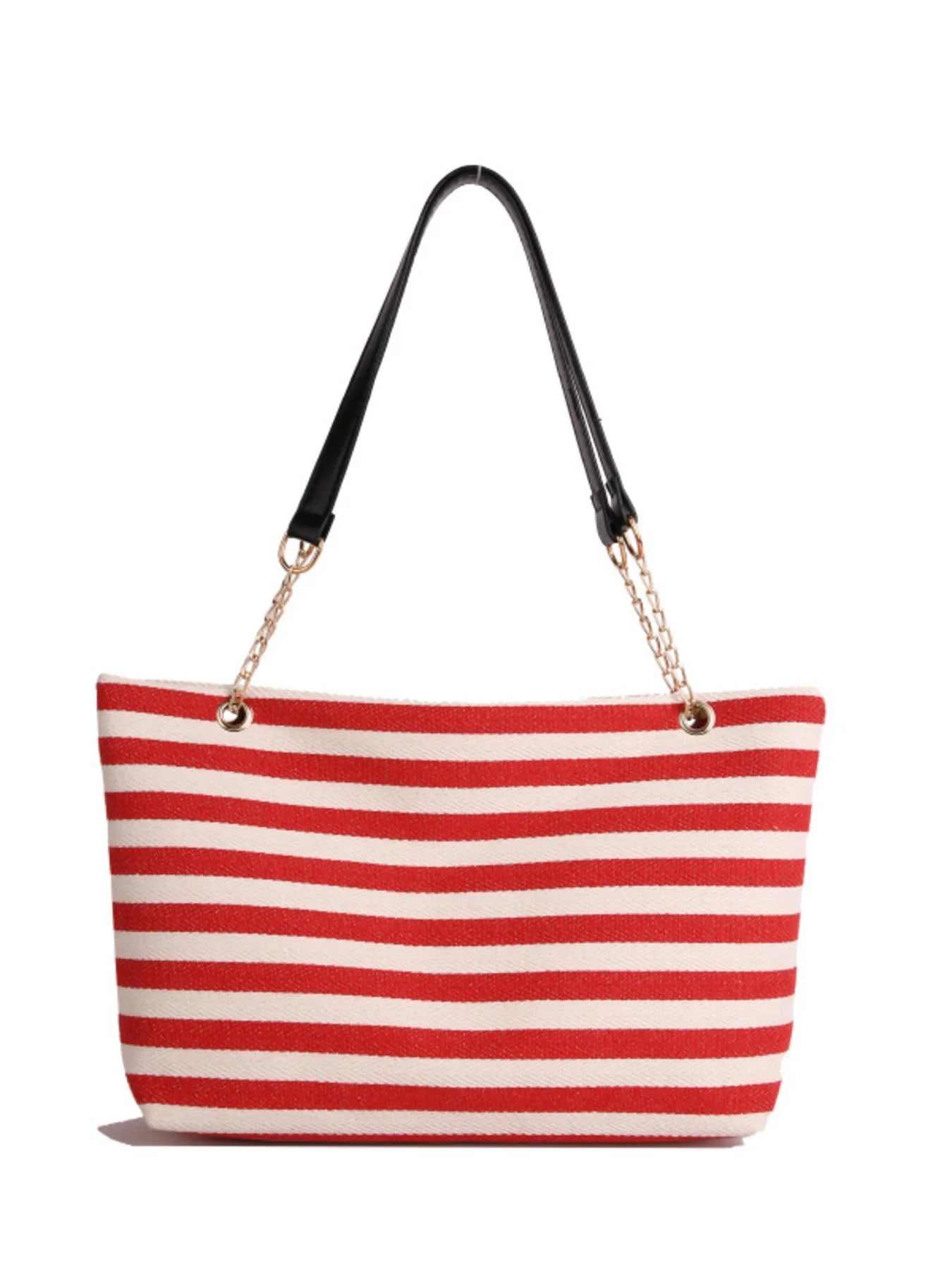Red and white striped tote bag with a black handle on a white background
