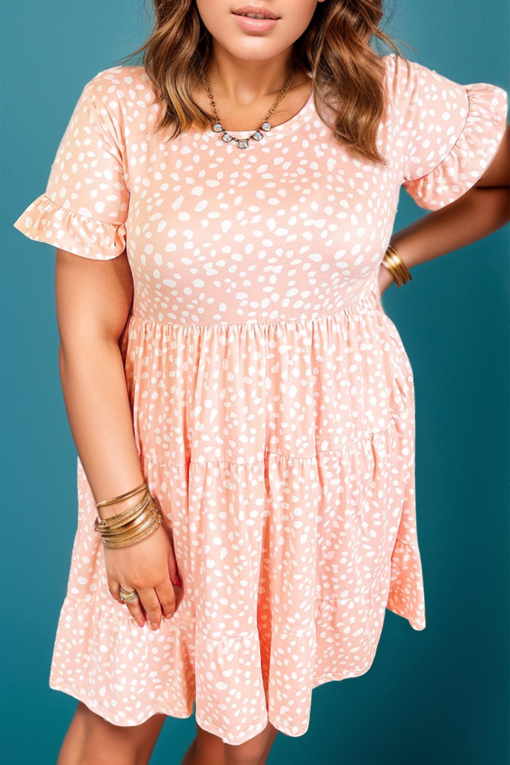 Plus Size Printed Round Neck Flounce Sleeve Mini Dress - Leo’s Look Your Best