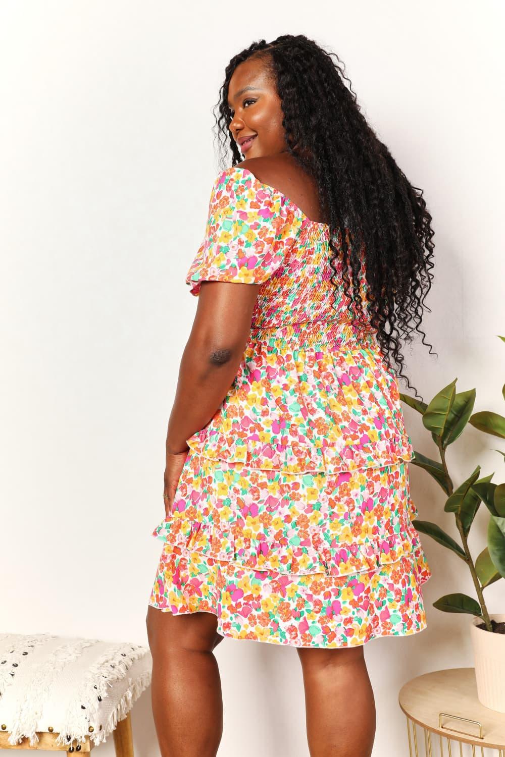 Devine Smocked Sweetheart Neck Flounce Sleeve Mini Dress - Leo’s Look Your Best