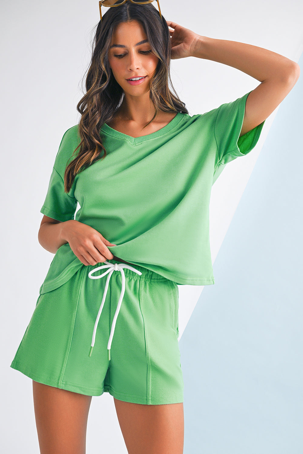 Bonbon V Neck Drop Shoulder Tee and Patchwork Shorts Set