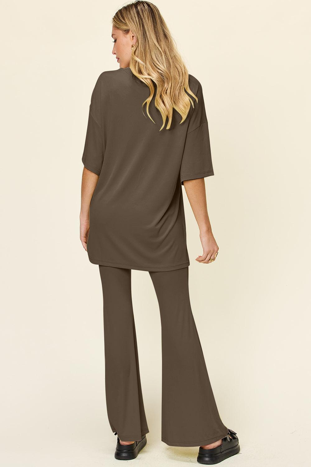 Double Take Full Size Round Neck Drop Shoulder T-Shirt and Flare Pants Set - Leo’s Look Your Best