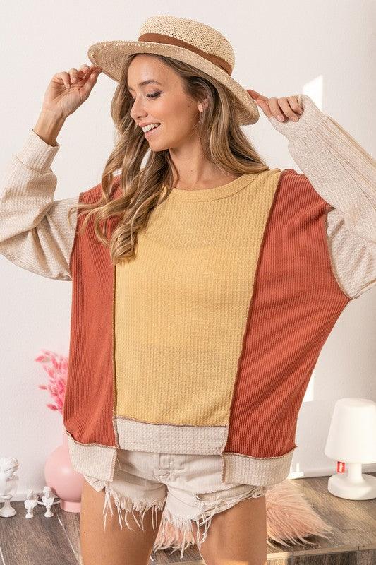 BiBi Waffle-Knit Exposed Seam Color Block Uneven Hem Top - Leo’s Look Your Best