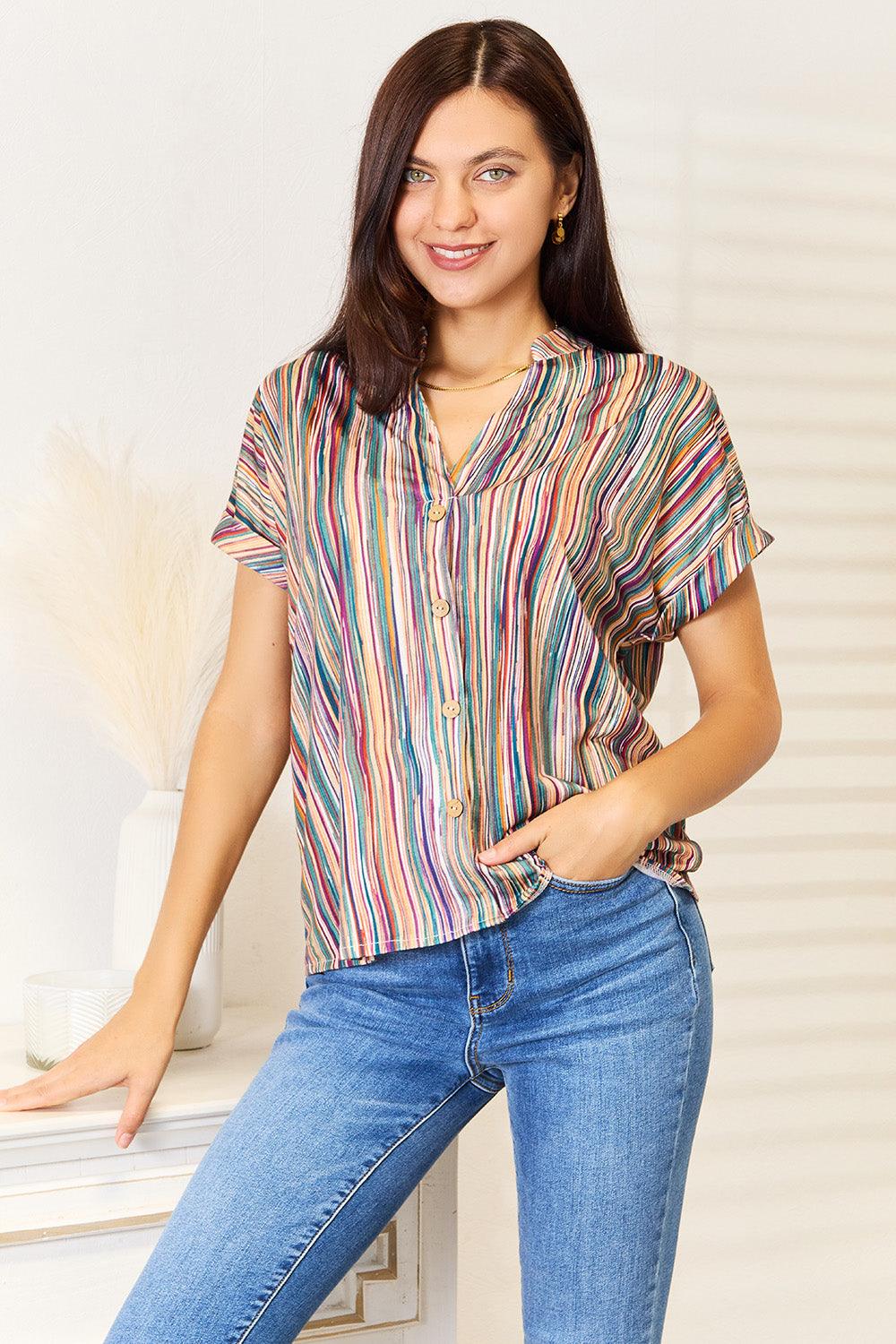 Shiny Multicolored Stripe Notched Neck Top - Leo’s Look Your Best