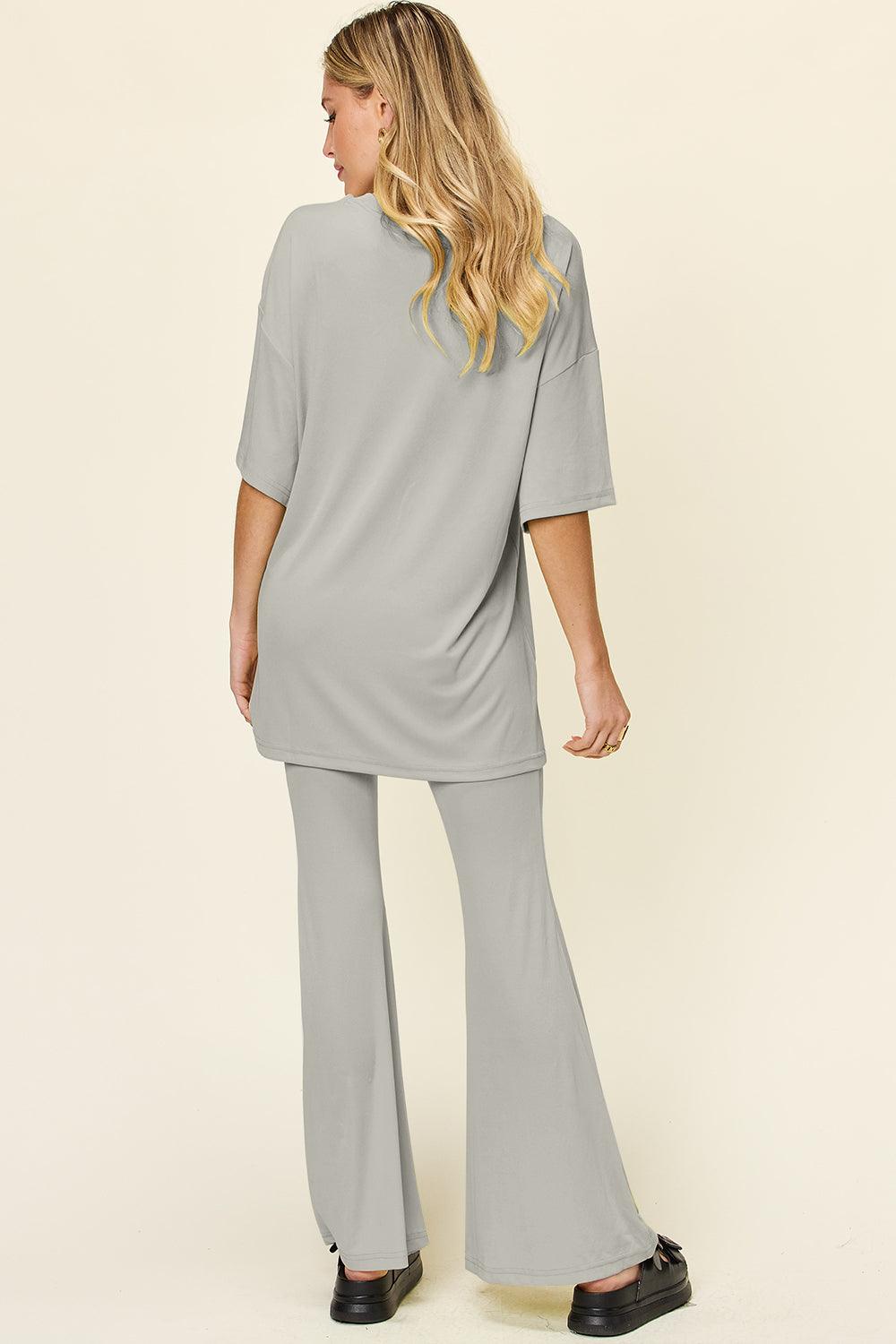 Double Take Full Size Round Neck Drop Shoulder T-Shirt and Flare Pants Set - Leo’s Look Your Best
