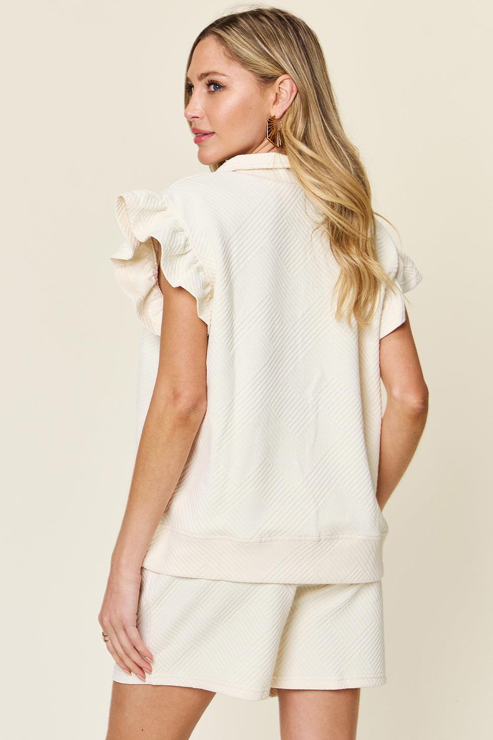 Double Take Full Size Texture Flounce Sleeve Top and Drawstring Shorts Set - Leo’s Look Your Best