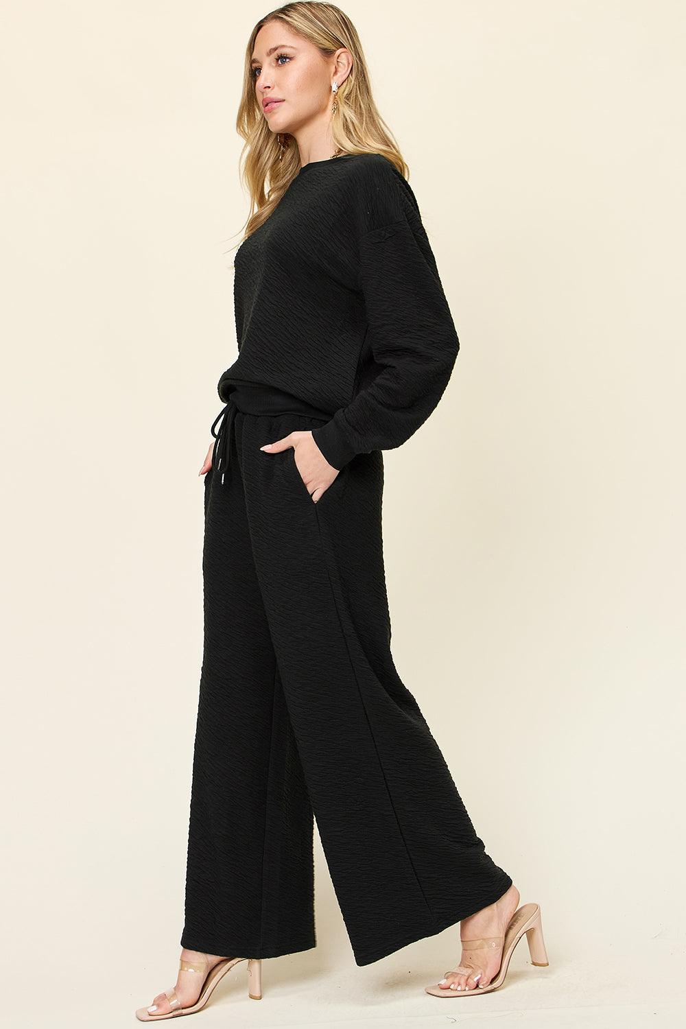 Double Take Full Size Texture Long Sleeve Top and Pants Set - Leo’s Look Your Best