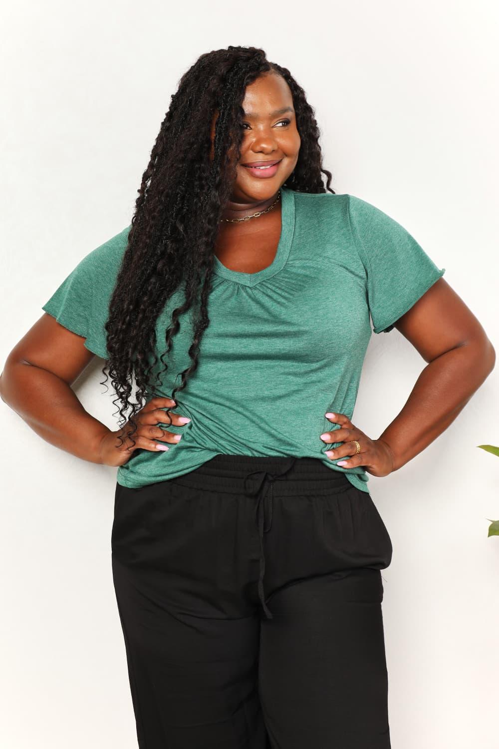 Double Take Ruched V-Neck Short Sleeve T-Shirt - Leo’s Look Your Best