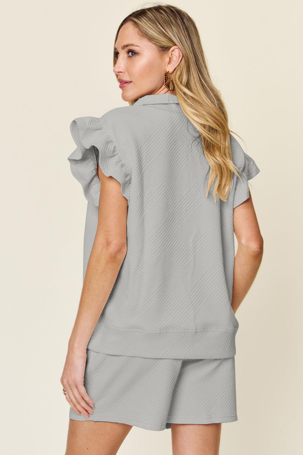 Double Take Full Size Texture Flounce Sleeve Top and Drawstring Shorts Set - Leo’s Look Your Best