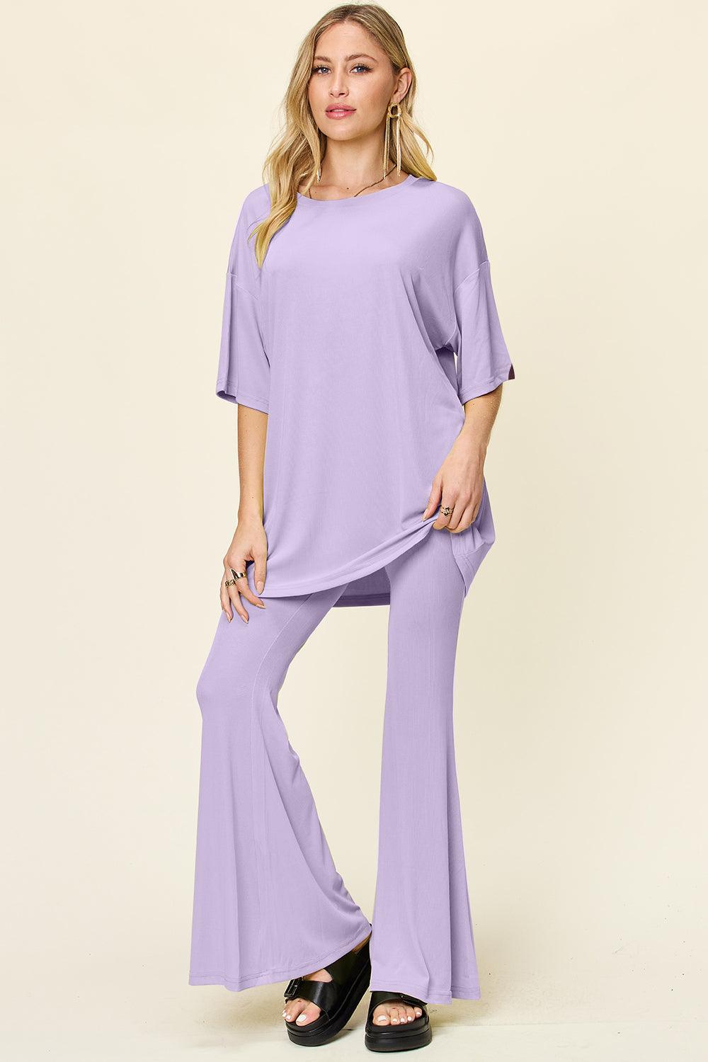 Double Take Full Size Round Neck Drop Shoulder T-Shirt and Flare Pants Set - Leo’s Look Your Best