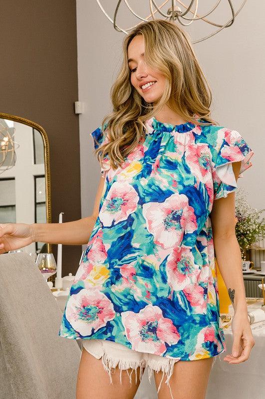 BiBi Floral Round Neck Ruffled Cap Sleeve Blouse - Leo’s Look Your Best
