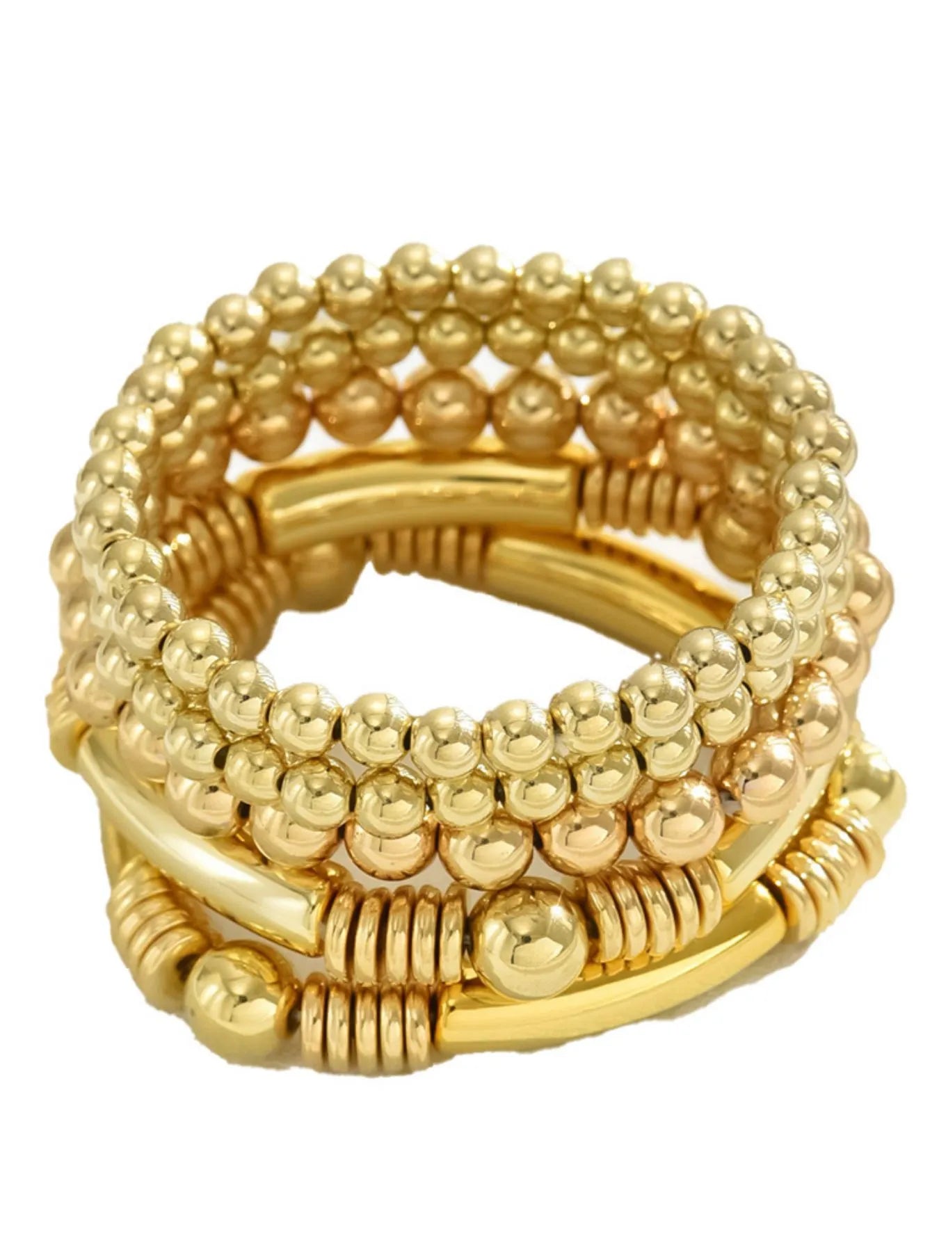 Gold beaded bracelet on a white background