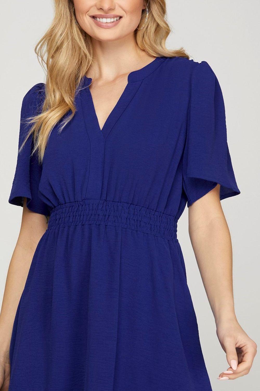 She + Sky Ruffled Hem Notched Flutter Sleeve Mini Dress - Leo’s Look Your Best
