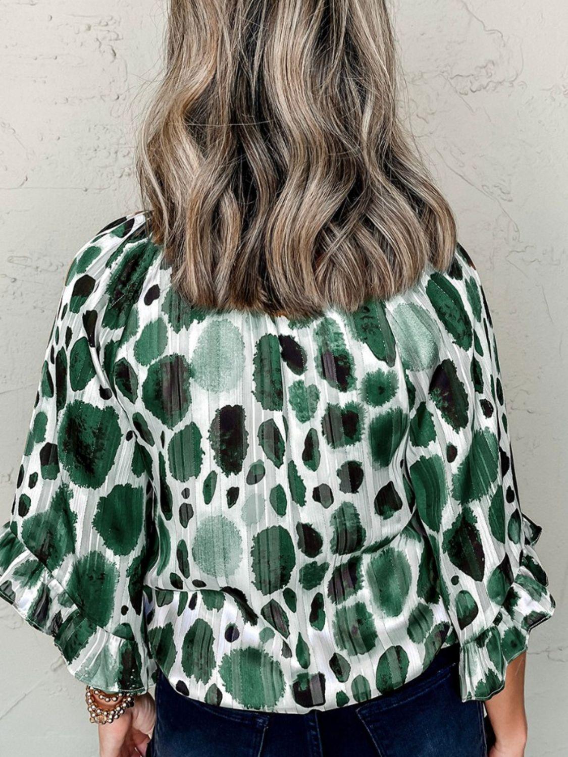 Printed Tie Neck Three-Quarter Sleeve Blouse - Leo’s Look Your Best