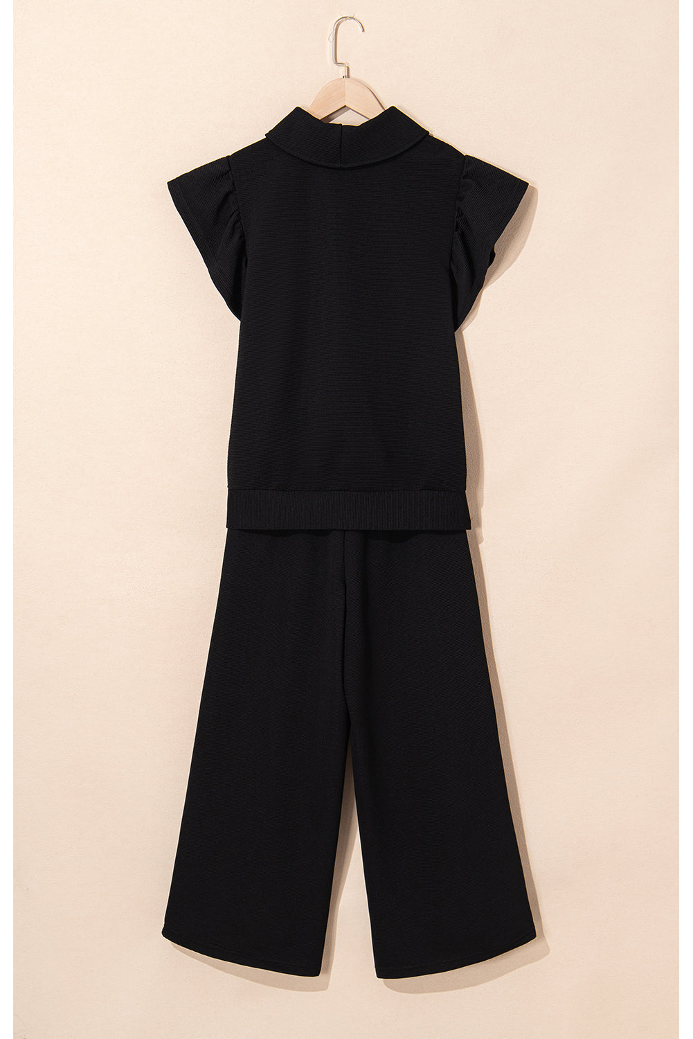 Apricot Textured Ruffle Sleeve Zipped Top and Wide Leg Pants Set