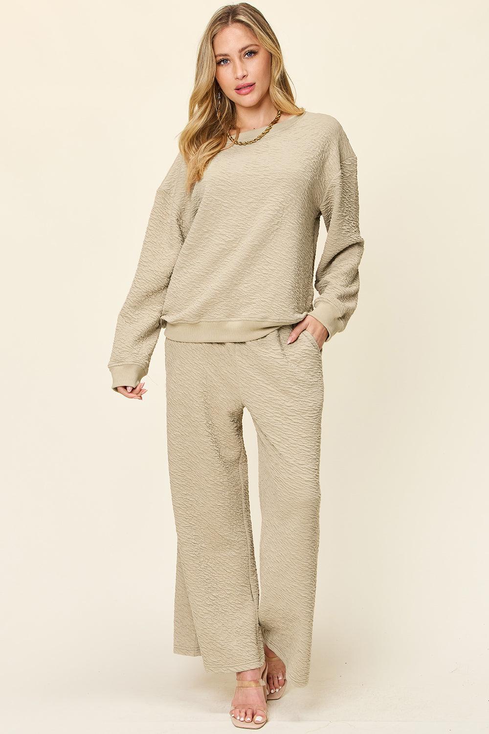 Double Take Full Size Texture Long Sleeve Top and Pants Set - Leo’s Look Your Best